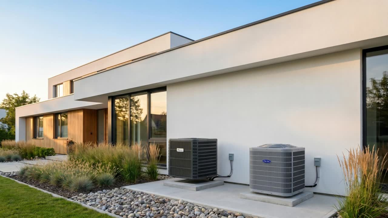 Completed Zebi installation — two condenser units mounted beside a modern home